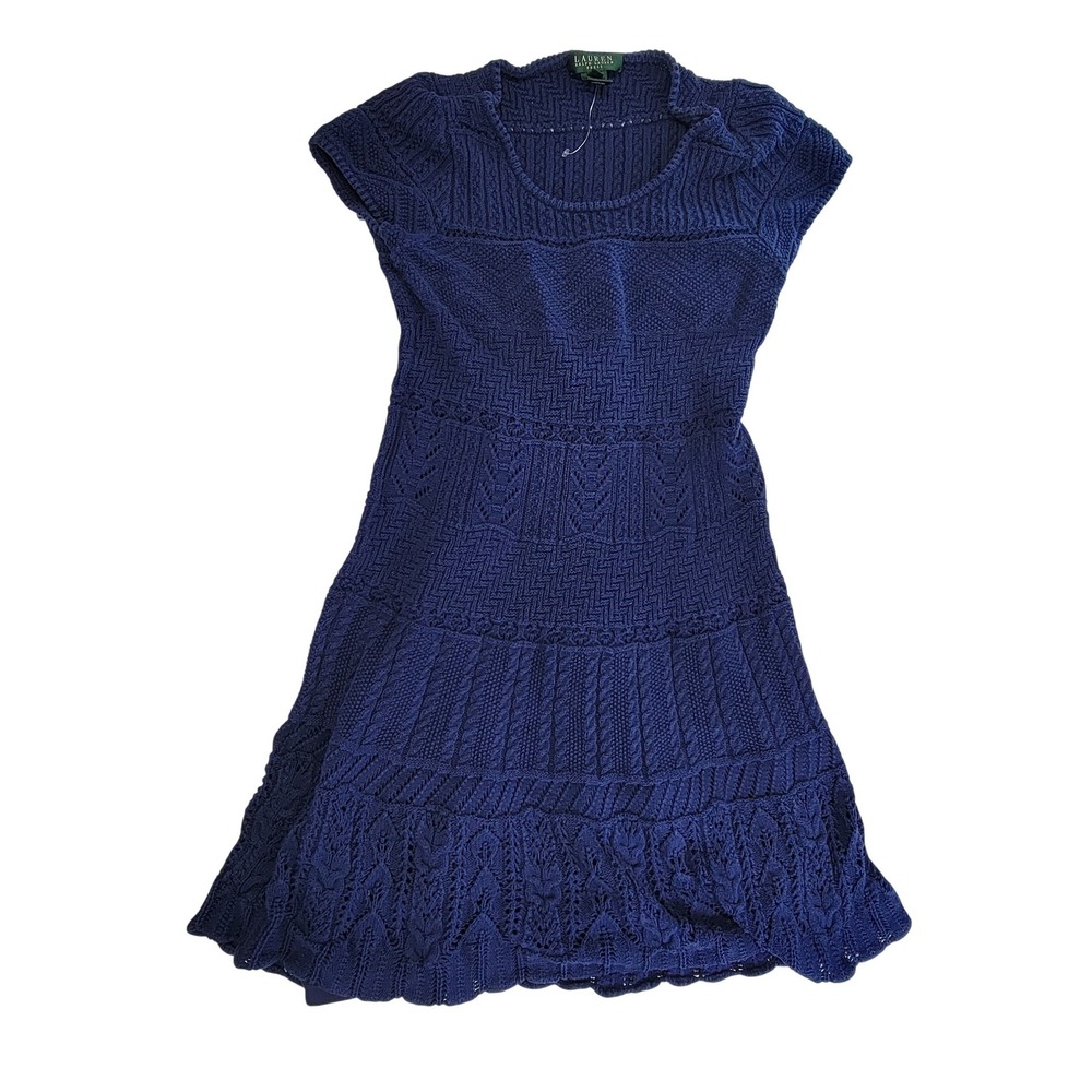 Lauren Ralph Lauren Blue Knit Dress Short Sleeve Scoop Neck Textured Midi Medium